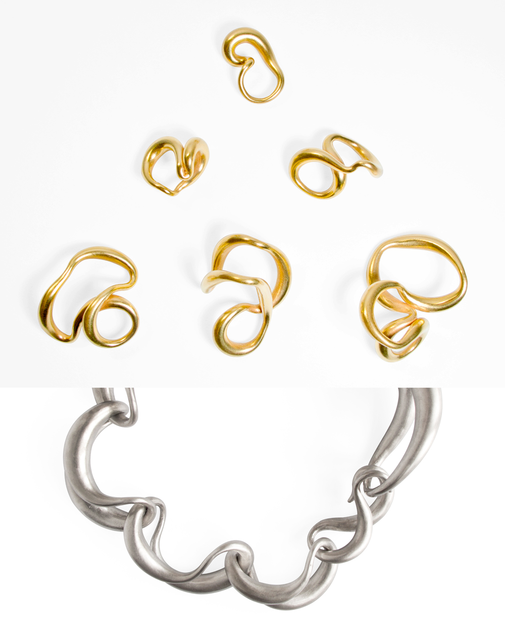 Noon Passama Formal Research - A necklace, 2015 / Formal Research - H rings, 2015 Rigid clay, silver, gold for the Exhibition TO RECOVER [courtesy of KLIMT02]